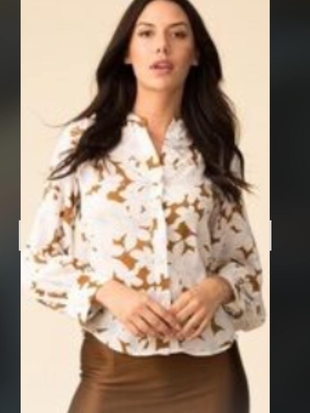 Vince Caramel Blouse with White Flowers and light blue detail Medium